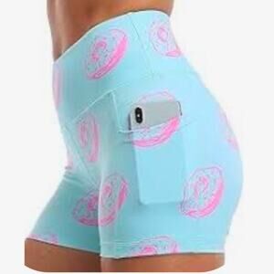 Pink Donut Print Shorts Graphic High Waisted Pockets Sweets Food Yoga Workout L